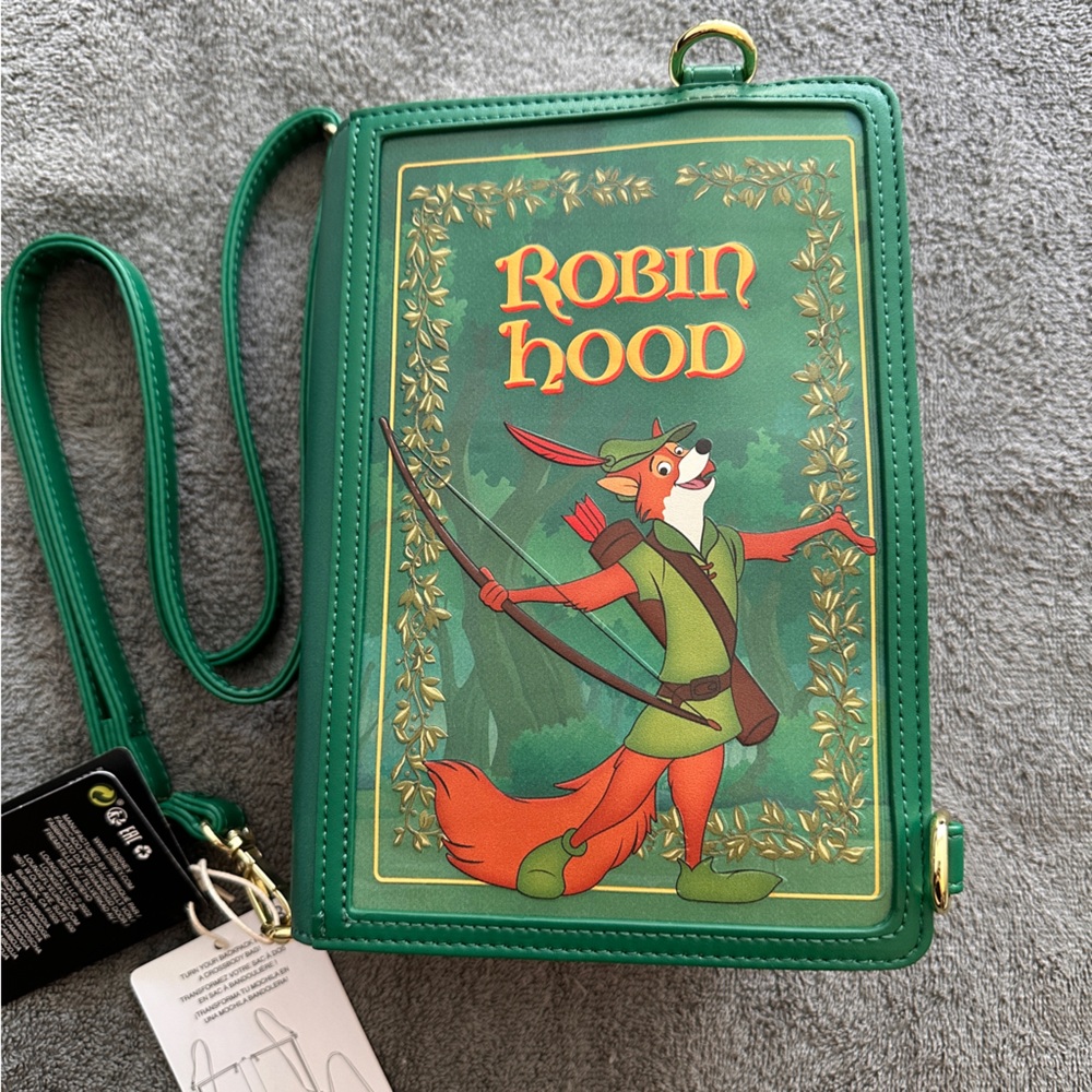 Loungefly Robin Hood Book convertible crossbody Bag.